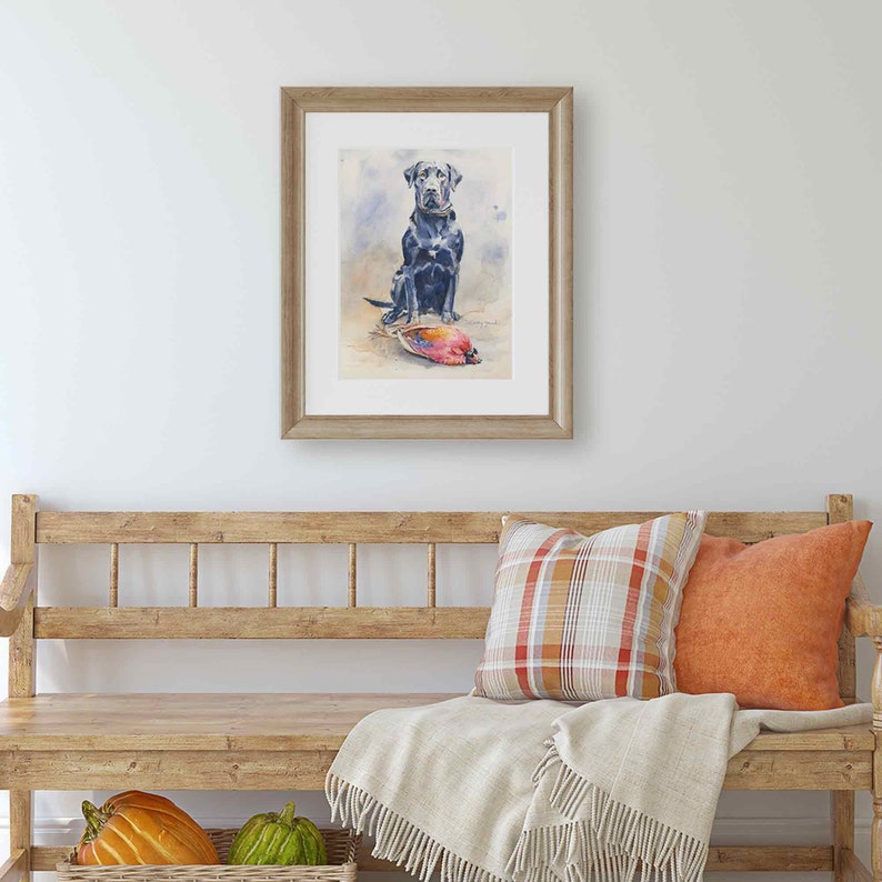 Black Labrador Retriever with Pheasant Art Print, Hunting Dog Wall Decor, Watercolor Painting, Gift for Husband, Boyfriend, Father's Day image 2