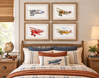WWI Airplane Prints Set of 4, Vintage Biplane Wall Art, Boys Room Decor, World War 1 Aviation Art, Fokker Dr 1, Sopwith Camel