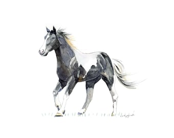 Impresión de caballo en blanco y negro para habitaciones infantiles, arte de pared para guardería, pequeño regalo artístico, acuarela pintada a mano