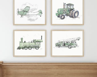 Láminas de transporte en verde salvia: Decoración para habitación de bebé niño (Descarga digital)