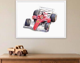 May include: A framed watercolor illustration of a red Formula One race car featuring a driver in a helmet, black tires, and a yellow Ferrari logo on the nose, presented in a white frame against a plain white background within the artwork.