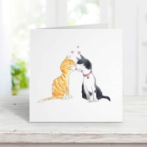 Kissing Cats Anniversary Card #5: Gray, White & Orange Tabby, Free Personalization