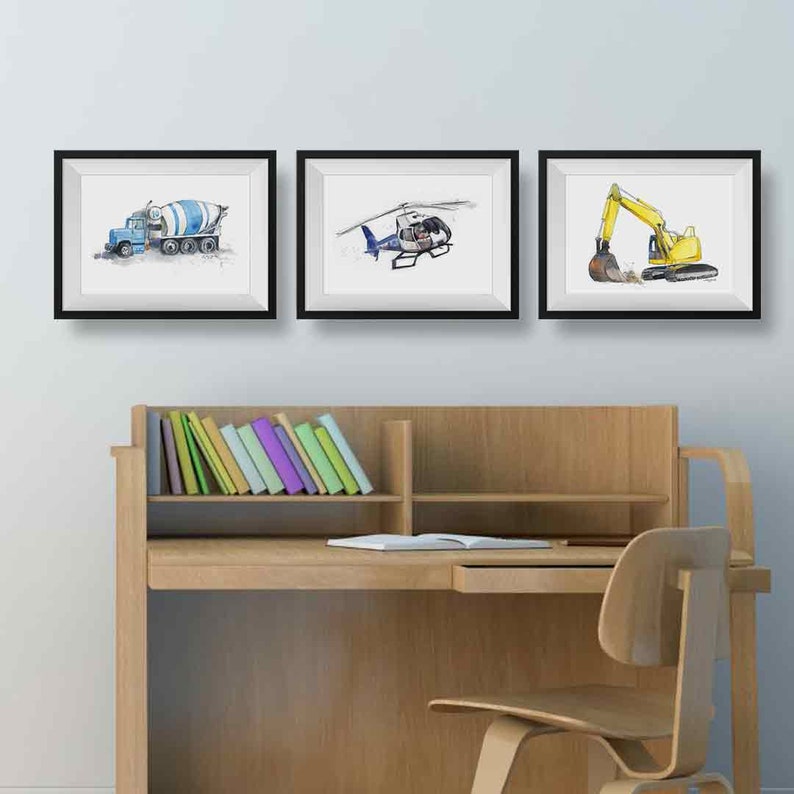 40 Transportation Prints for Toddler Boys Room, Choose Set of 3 or 4, Trucks, Tractors, Helicopters, Train Prints, Nursery Wall Art image 2