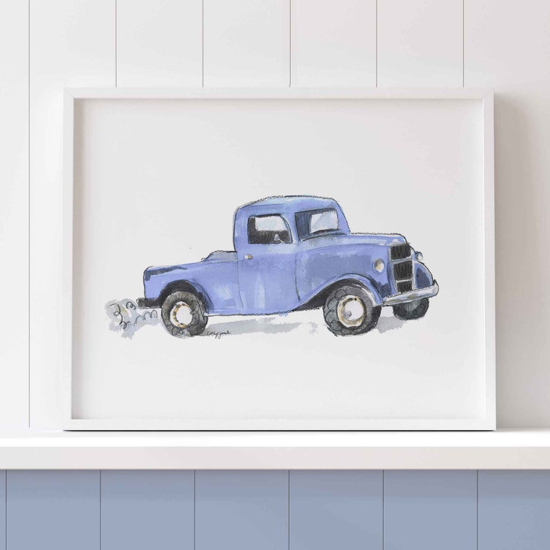 Light Blue Truck Print for Toddler Boys Bedroom, Vintage Truck Nursery Wall Decor, Birthday Babyshower Gift for Boy, Watercolor image 3