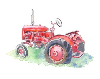 Red Tractor Print #13, Tractor Wall Art, Farm Nursery Wall Decor, Tractor Gift for Dad, Husband, Boyfriend, Watercolor