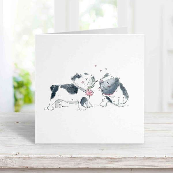 Kissing Bulldog Dog Card, Dog Greeting Card, Birthday, Anniversary Card for wife, girlfriend, husband, boyfriend, Free Personalization