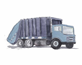 Blue Gray Truck Print, Garbage Truck Wall Decor for Boys Room, Truck Wall Art, Nursery Decor, Preschool Playroom Wall Art