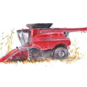 Print Combine Art, Red Combine Painting, Tractor Wall Art, Farmhouse Nursery Wall Decor, Office, Den, Living Room image 1