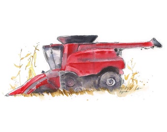 Combine Painting, Red Tractor Wall Art, Toddler Boys Room Decor, Farm Print, Nursery Art, Watercolor, Bedroom, Office, Living Room