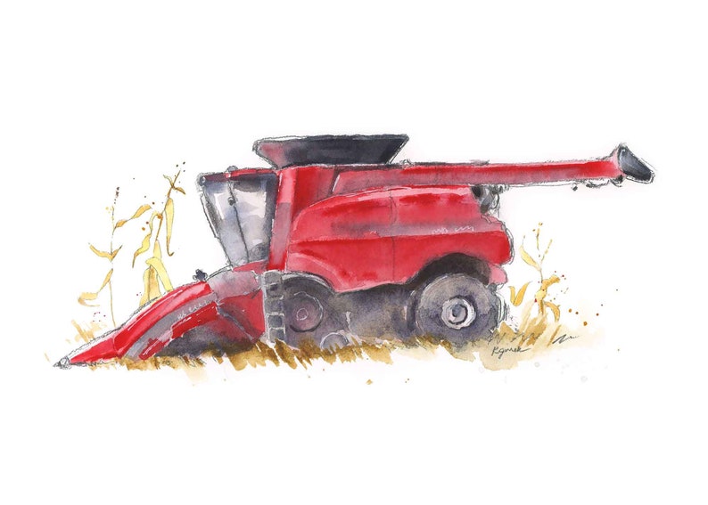 Print Combine Art, Red Combine Painting, Tractor Wall Art, Farmhouse Nursery Wall Decor, Office, Den, Living Room image 1