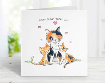 Cat Mother's Day Card for Mom from the Kids, Happy Meow-ther's Day, Blank or Free Personalization, Square, Watercolor