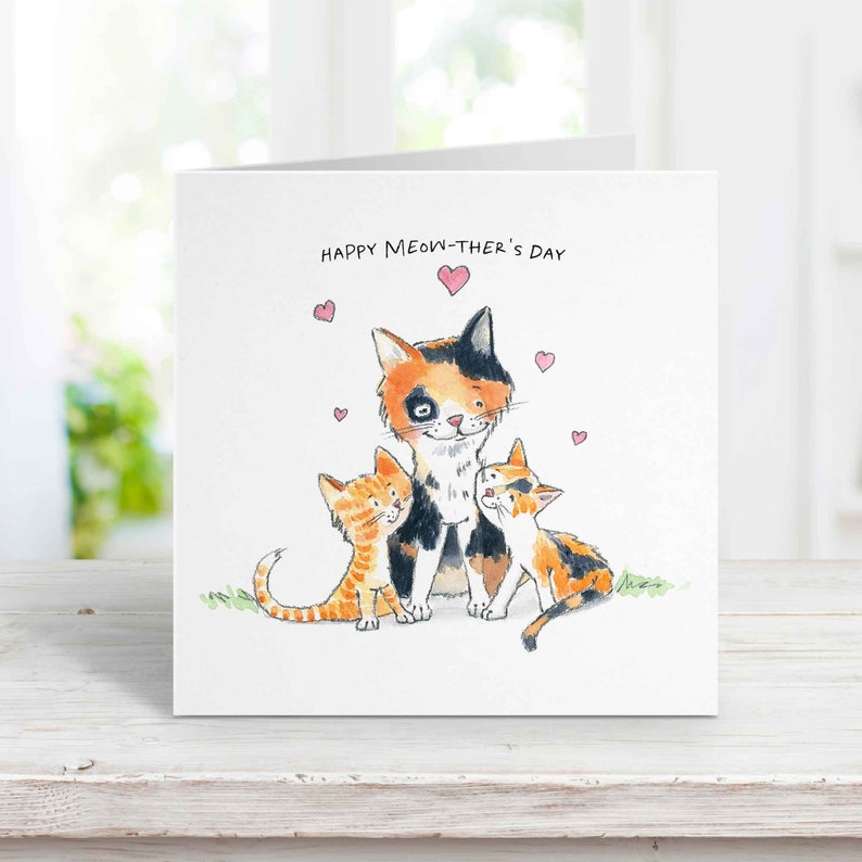 Cat Mother's Day Card for Mom from the Kids, Happy Meow-ther's Day, Blank or Free Personalization, Square, Watercolor image 1