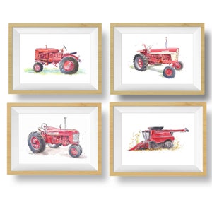 Set of 4 Red Tractor Prints for Boys Bedroom, Baby Toddler Teen, Farm Nursery Wall Decor, Watercolor image 1