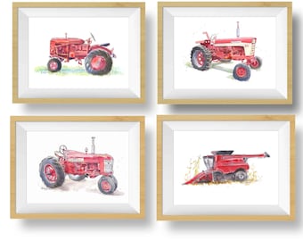 Set of 4 Red Tractor Prints for Boys Bedroom, Baby Toddler Teen, Farm Nursery Wall Decor, Watercolor