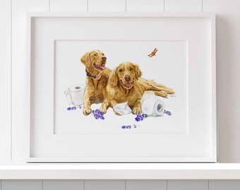 May include: A framed watercolor print featuring two golden-colored dogs sitting among scattered toilet paper rolls and purple lavender sprigs. A small orange dragonfly is depicted in the upper right corner of the white-bordered artwork.
