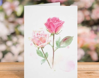 Pink Rose Card for Wife, Anniversary, Free Personalization, Birthday, Valentine's Day, Mother's Day Card for Mom, Girlfriend, Watercolor
