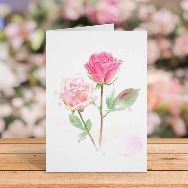 Pink Rose Card for Wife, Anniversary, Free Personalization, Birthday, Valentine's Day, Mother's Day Card for Mom, Girlfriend, Watercolor