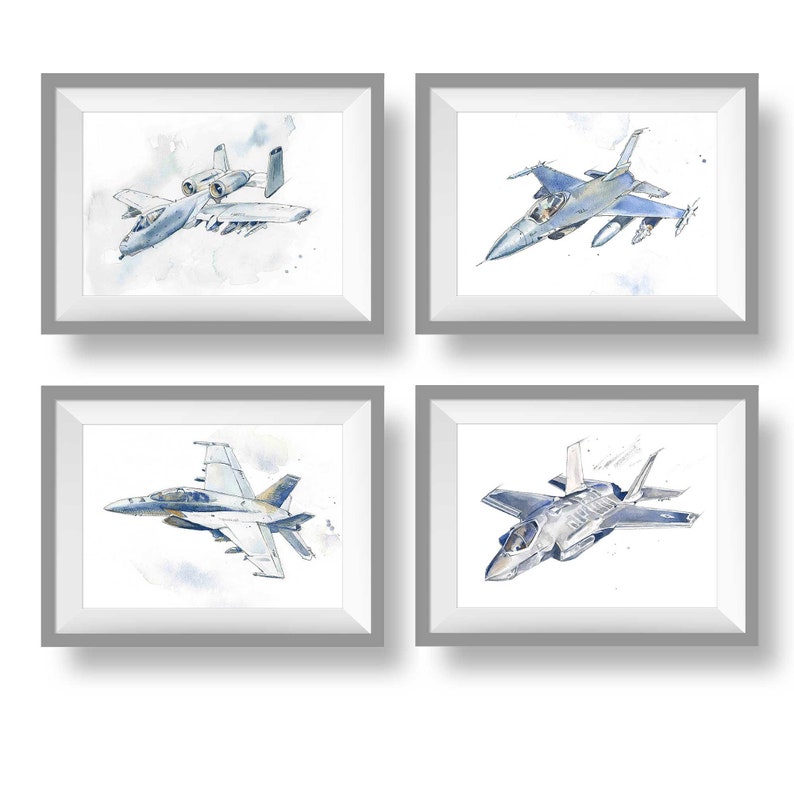 Set of Military Airplane Prints for Kids Bedroom, Baby Toddler Teen Room Decor, Nursery Art, A10, F15, F16, FA18, F22, F35, KC135, T6, B1B image 1