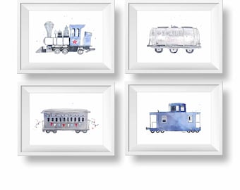 Light Blue Train Prints, Set of 4, Train Wall Art Prints, Nursery & Toddler Boys Room Decor