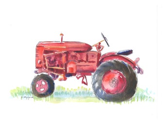 Red Tractor Print for Boys Bedroom, Baby or Toddler Farm Themed Wall Art, Kids Room Decor, Watercolor