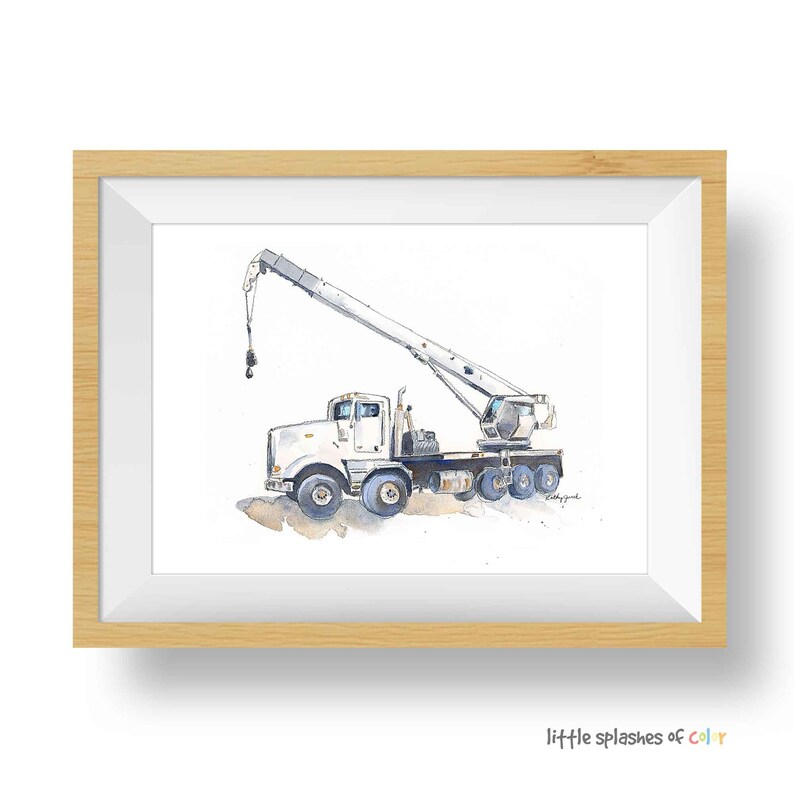 Blue gray boom truck watercolor print for toddler boys room or adult construction office.