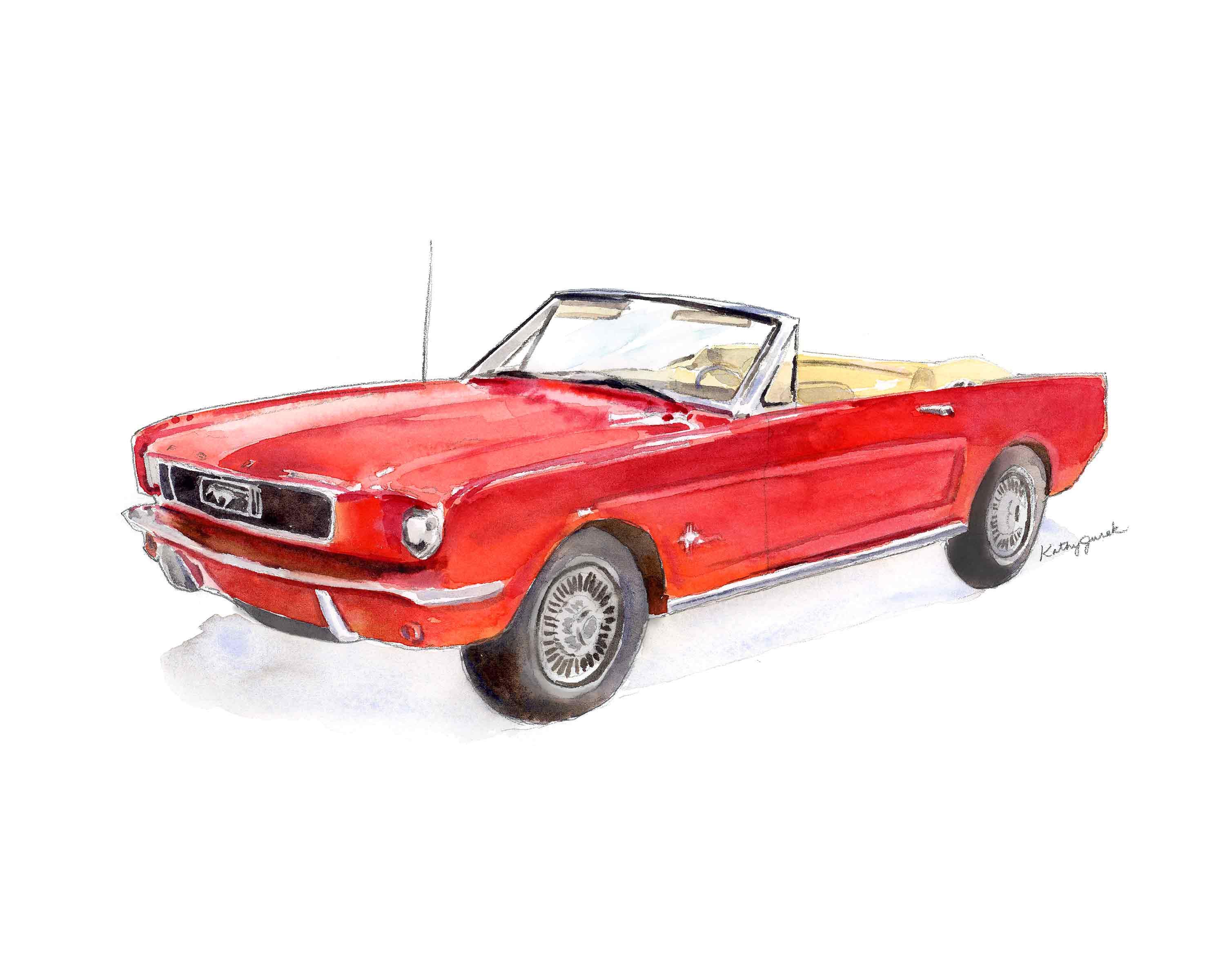 Vintage Red Mustang Car Print, Boys Wall Art, Transportation Wall