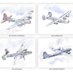 WWII Military Bomber Planes Art Prints Set, WW2 Airplane Prints, Boys Wall Art, Gift for Husband, Dad, Blue Gray Decor, Watercolor Paintings image 2