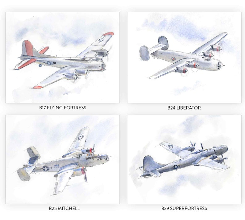 WWII Military Bomber Planes Art Prints Set, WW2 Airplane Prints, Boys Wall Art, Gift for Husband, Dad, Blue Gray Decor, Watercolor Paintings image 2