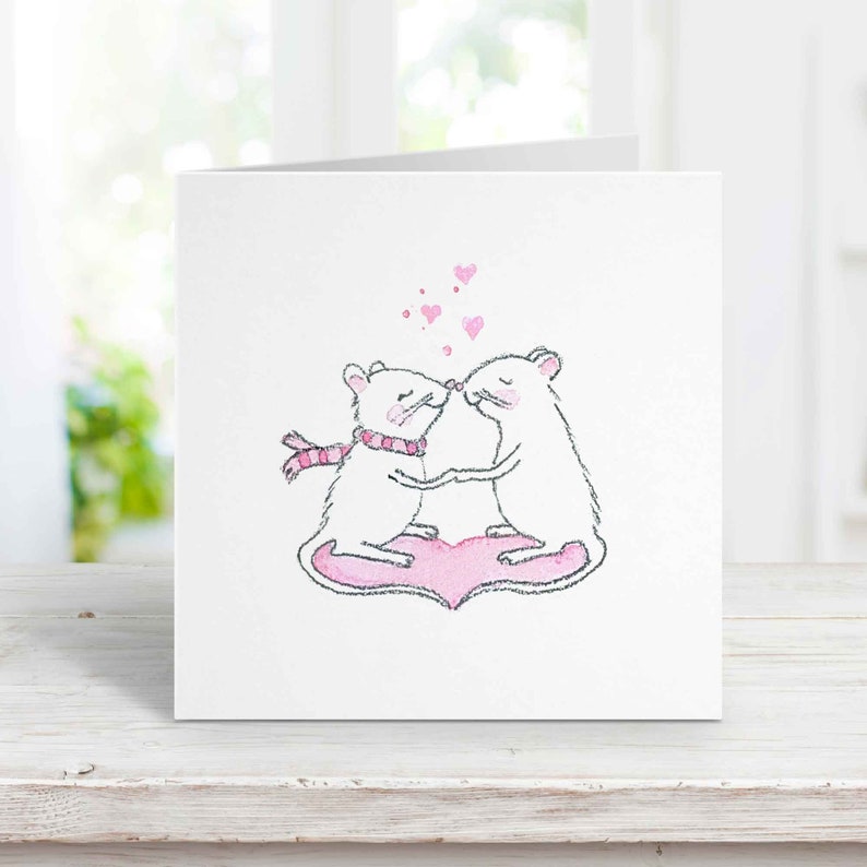 Mice Kissing Card, Free Personalization, I Love You Card, Valentine's Day Anniversary Birthday Card for Wife, Girlfriend, Boyfriend, Husband image 1