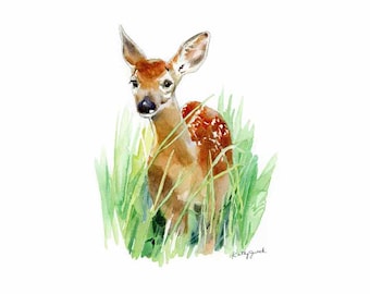 May include: Watercolor painting of a young deer, or fawn, standing in tall green grass. The deer has brown fur with white spots on its back. The artwork is signed in the bottom right corner.