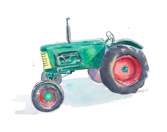 Groene tractor print #7 voor jongenskamer, tractor kunst aan de muur, decor van de boerderijkwekerij, aquarel, grote jongen kamer cadeau voor jongen