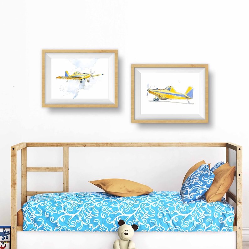 Yellow Airplane Wall Art Print 2, Airplane Nursery Decor, Baby Toddler Boys Room, Air Tractor, Crop Duster, Gift for Boyfriend Dad Grandpa image 2