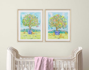 Chinoiserie Nursery Prints for Girls Rooms, Set of 2 , Tree with Blue and Pink Blossoms, Bluebirds and Rabbits in Rose Garden, Watercolor