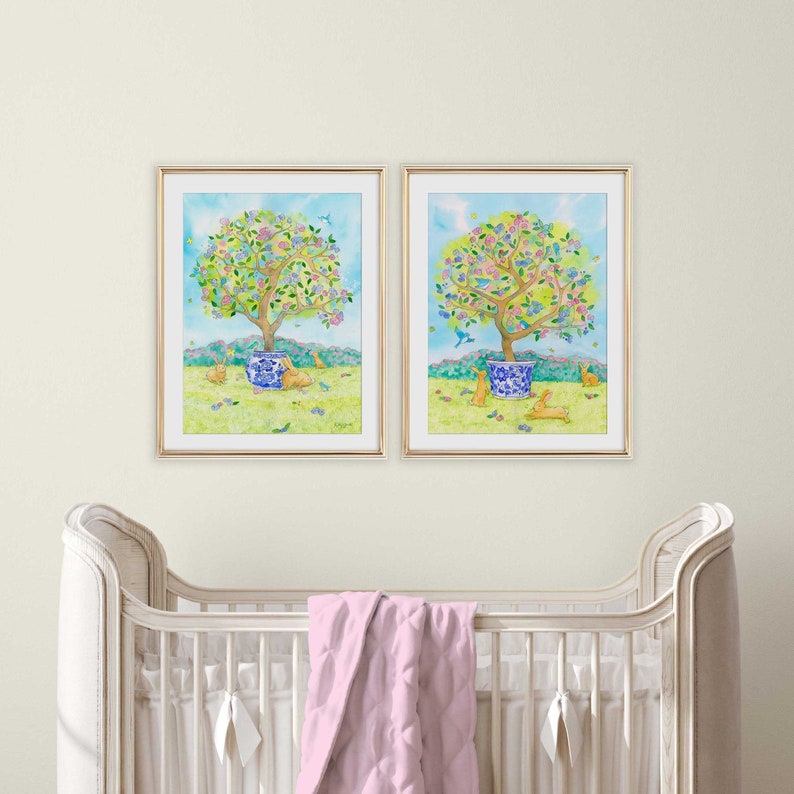 Chinoiserie Nursery Prints for Girls Rooms, Set of 2 , Tree with Blue and Pink Blossoms, Bluebirds and Rabbits in Rose Garden, Watercolor image 1