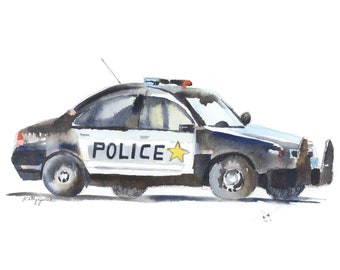 Police Car Print for Boys Room, Rescue Vehicles Wall Art Decor, Transportation Print, Watercolor