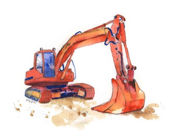 Red Excavator Truck Print, Construction Wall Art, Truck Wall Decor, Toddler Boy Room, Truck Nursery Decor, Watercolor