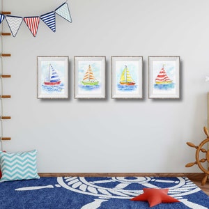 Blue Sailboat Print for Baby Nursery or Toddler's Bedroom, Nautical Wall Art for Kids' Rooms, Preschool, Playroom Decor, Watercolor image 3