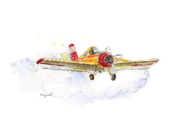 Airplane Nursery Print, Yellow Crop Duster Airplane Print, Wall Art for Toddler Boys Room, Farm Nursery, Watercolor