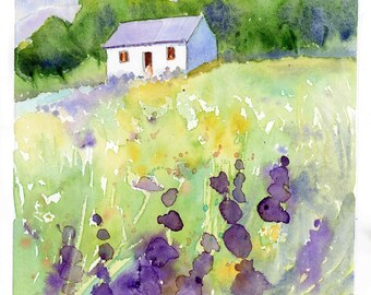 Watercolor Landscape Art Print #1, Cottage with Mountains and Purple Flowers, Countryside Scene