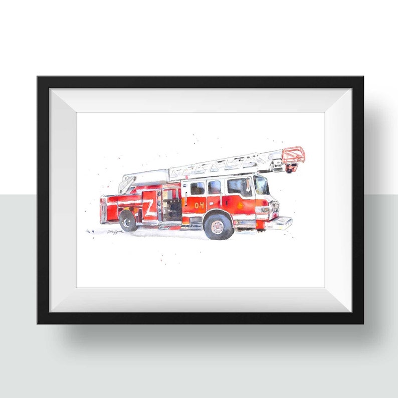 Fire Truck Print for Baby and Toddler Boys Room, Rescue Vehicles Wall Art, Kids Room Decor, Watercolor, Digital Download image 2