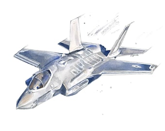 F35 Lightning II vliegtuig print voor kinderen slaapkamer, digitale download, peuter tiener jongen kamer decor, man, vader, vriend, aquarel