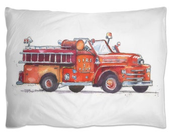 Fire Truck Pillow Case, Truck Room Decor, Gift for Boy, Rescue Vehicles Decor for Boy Bedroom,  20x26, Personalized, Choose from 2 Designs