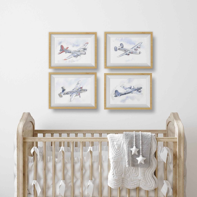 Set of 4 Military Airplane Prints for Boys Room, WWII Bombers Wall Art, B-17, B-24, B-25, B-29, Watercolor image 10