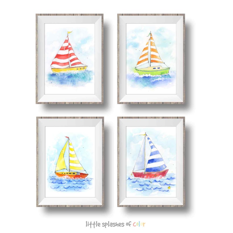 Yellow Sailboat Print for Baby and Toddlers Rooms, Nautical Nursery Wall Decor, Boys and Girls, Preschool Playroom, Watercolor image 6