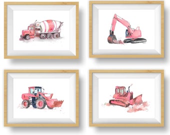 Set of 4 Pink Truck Prints for Toddler Girls Room, Truck Wall Art, Construction Nursery Decor, Watercolor