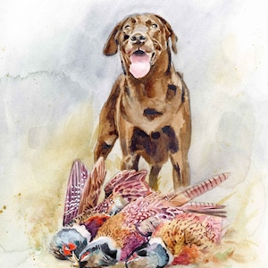 Chocolate Labrador Retriever Art Print, Pheasant Hunting Dog Wall Decor, Watercolor Painting, Gift for Husband, Boyfriend