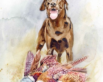 Chocolate Labrador Retriever Art Print, Pheasant Hunting, Dog Wall Decor, Watercolor Painting, Gift for Husband, Boyfriend