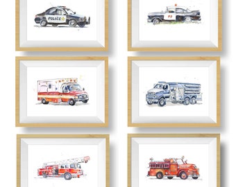 Emergency Vehicles Truck Prints for Toddlers Room, Kids Wall Art Set, Nursery Decor, Fire Truck, Police Car, Ambulance, Free Personalization