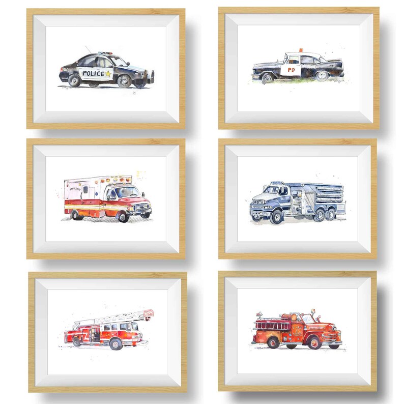 Emergency Vehicles Truck Prints for Toddlers Room, Kids Wall Art Set, Nursery Decor, Fire Truck, Police Car, Ambulance, Free Personalization image 1