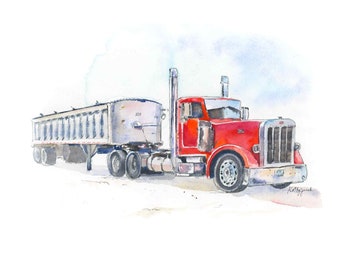 Red Semi Truck Print, Wall Art Decor for Boys Room, Gift for Dad Son Husband Boyfriend, Watercolor Painting